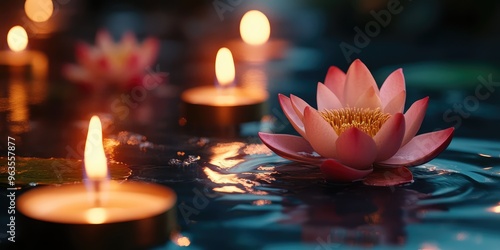 Glowing candles and lotus flowers. AI generated illustration