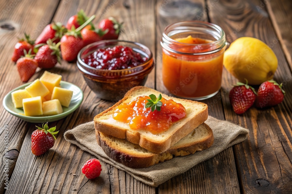 Toasted bread topped with homemade strawberry jam and apricot marmalade is placed on a rustic table served with a side of butter perfect for a delicious breakfast or brunch spread Toasted bread topped with homemade strawberry jam and apricot marmalade is placed on a rustic table served with a side of butter perfect for a delicious breakfast or brunch spread