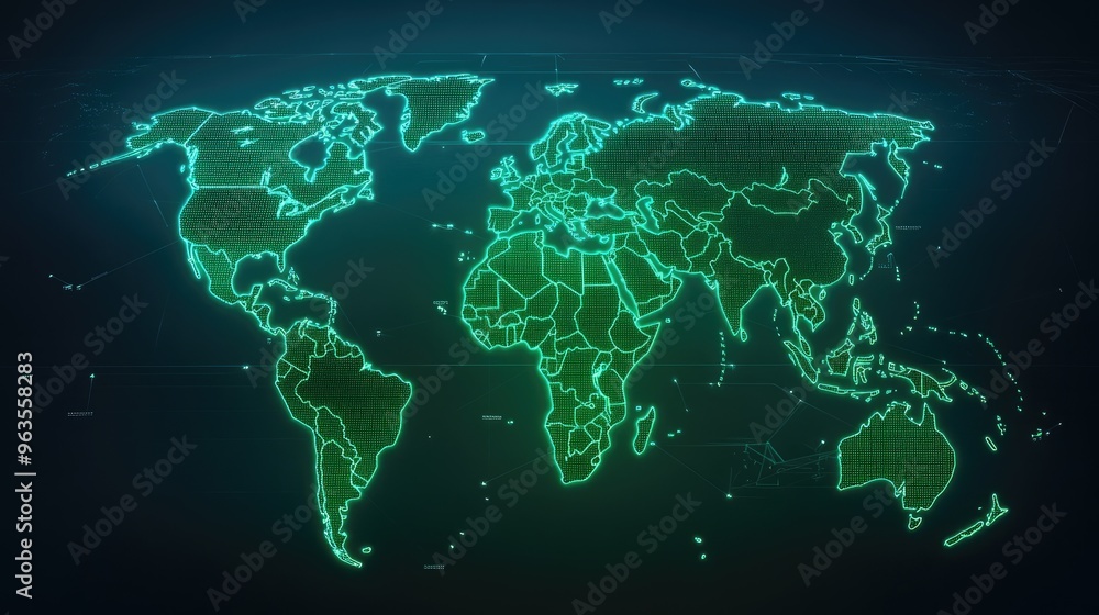 Naklejka premium A futuristic glowing map of the world in vibrant green, perfect for technology, travel, and global connectivity themes.
