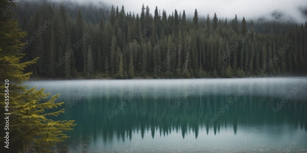 Misty serene forest by an emerald lake in Canada. Misty serene forest by an emerald lake in Canada.