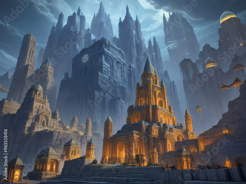 Majestic city in fantasy style, other worlds concept art illustration