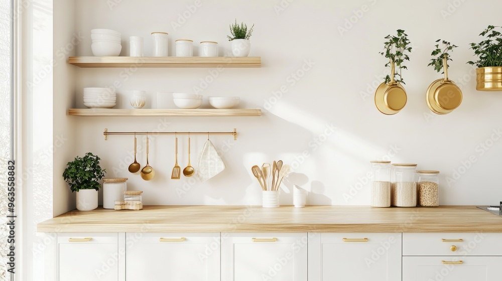 Fototapeta premium Minimalist Kitchen with Wooden Shelves and Gold Accents