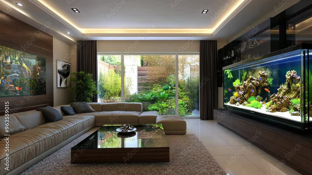 Elegant living room with a spacious aquarium and a view of a lush garden during daylight Elegant living room with a spacious aquarium and a view of a lush garden during daylight