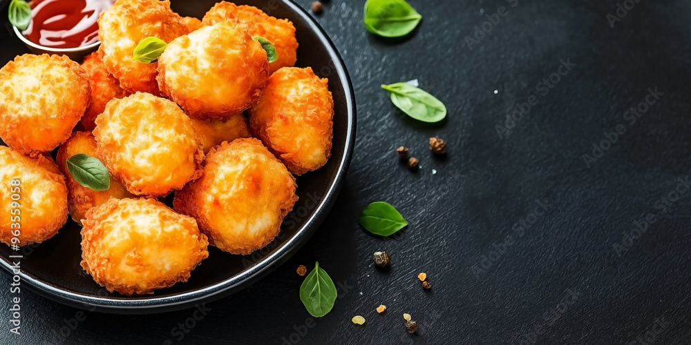 Crispy cheese croquettes neatly arranged on a plate, captured in a flat lay style against a dark background Crispy cheese croquettes neatly arranged on a plate, captured in a flat lay style against a dark background