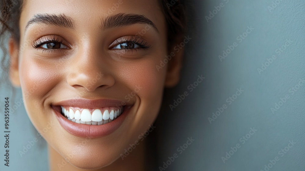 Close up face of young woman with beautiful smile isolated on grey wall with copy space. Successful multiethnic girl. Latin woman looking at camera against gray wall .generative ai Close up face of young woman with beautiful smile isolated on grey wall with copy space. Successful multiethnic girl. Latin woman looking at camera against gray wall .generative ai