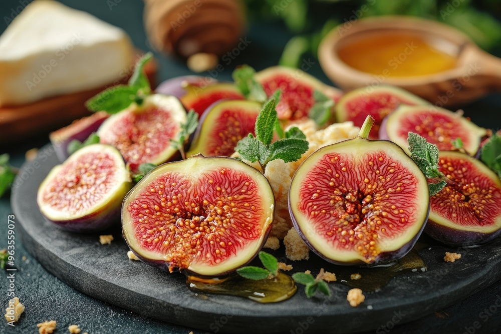 Fresh figs with honey and herbs on a plate Fresh figs with honey and herbs on a plate