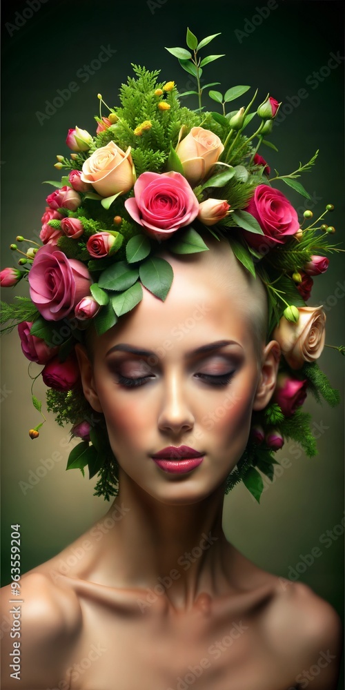 Head of beautiful young woman decorated with fresh flowers. Symbol of nature, beauty and freshness. Head of beautiful young woman decorated with fresh flowers. Symbol of nature, beauty and freshness.