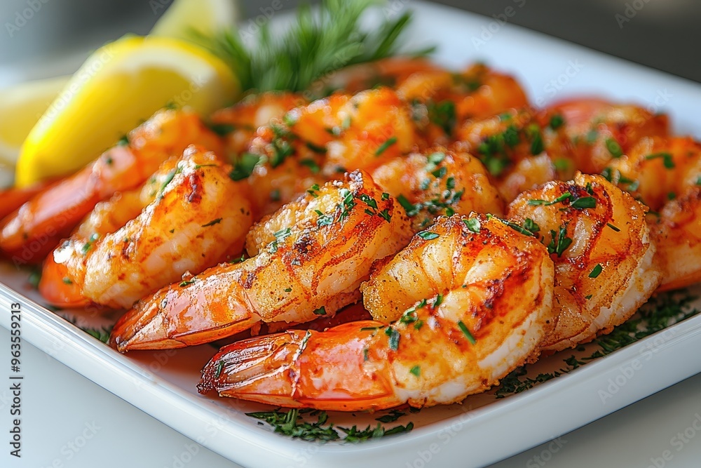 Delicious grilled tiger prawns served with lime and coriander Delicious grilled tiger prawns served with lime and coriander