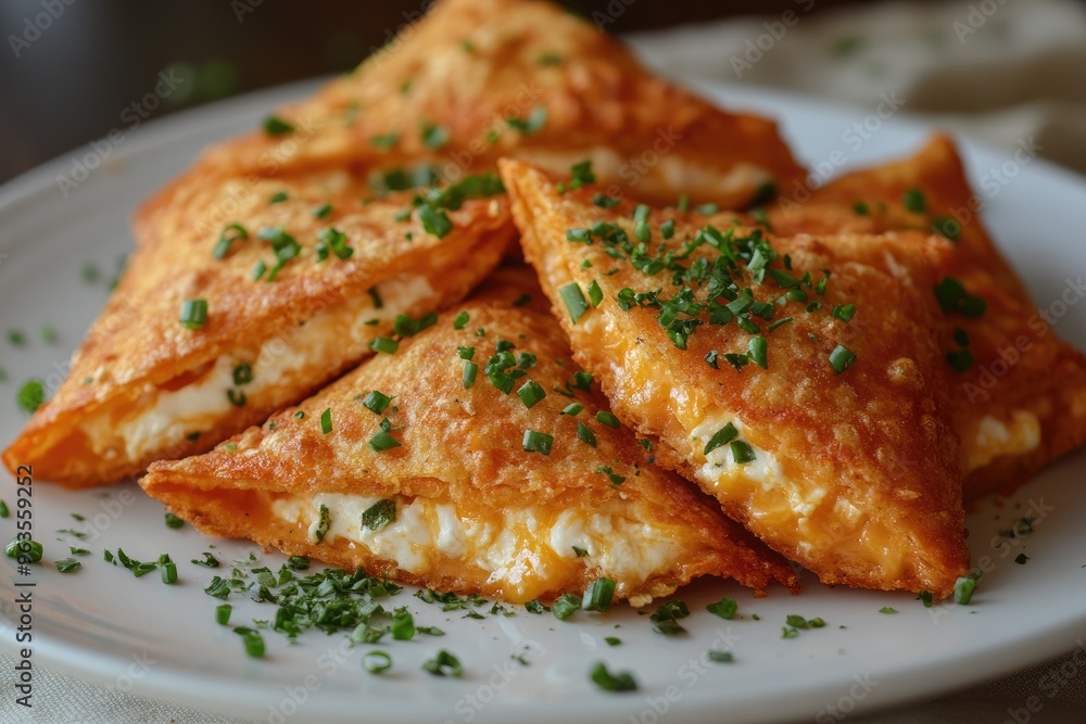 Crispy fried egg rolls filled with melted cheese and chives Crispy fried egg rolls filled with melted cheese and chives