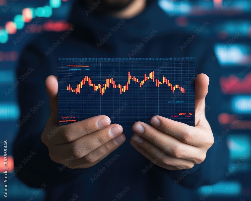 A person holding a digital financial chart, showcasing data analysis and market trends in a modern business environment. A person holding a digital financial chart, showcasing data analysis and market trends in a modern business environment.
