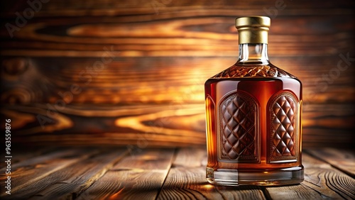 A close up of a bottle of hard liquor showing its rich amber color and intricate label design, label, contrast, color, alcoholic, design, hard liquor, amber, bourbon, bar, alcohol