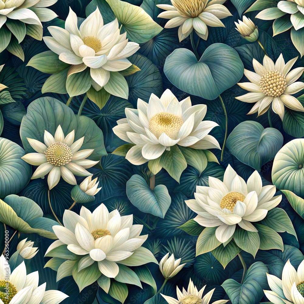 A seamless pattern of white lotus flowers. The flowers are arranged in such a way that they create a sense of movement and depth. The scene is serene and calming. A seamless pattern of white lotus flowers. The flowers are arranged in such a way that they create a sense of movement and depth. The scene is serene and calming.