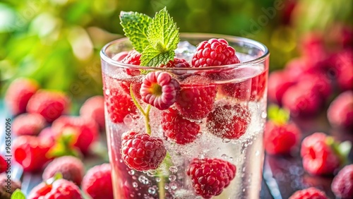 Summer raspberry beverage with sparkling water Close Up, liquid, fizzy, sparkling water, ice, splashing, red, summer drink, refreshing, bubbling, berries, hydration, beverage, close-up