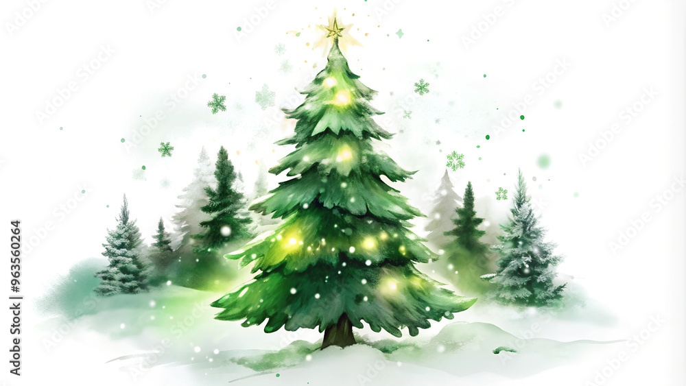 Obraz premium Glowing Christmas tree in a snowy forest with soft winter lights
