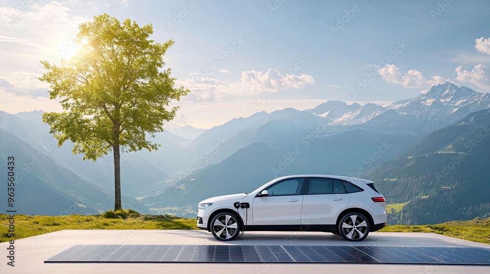 Fototapeta premium A sleek electric car parked beside solar panels in a scenic mountain landscape, promoting sustainable energy and eco-friendly transportation.