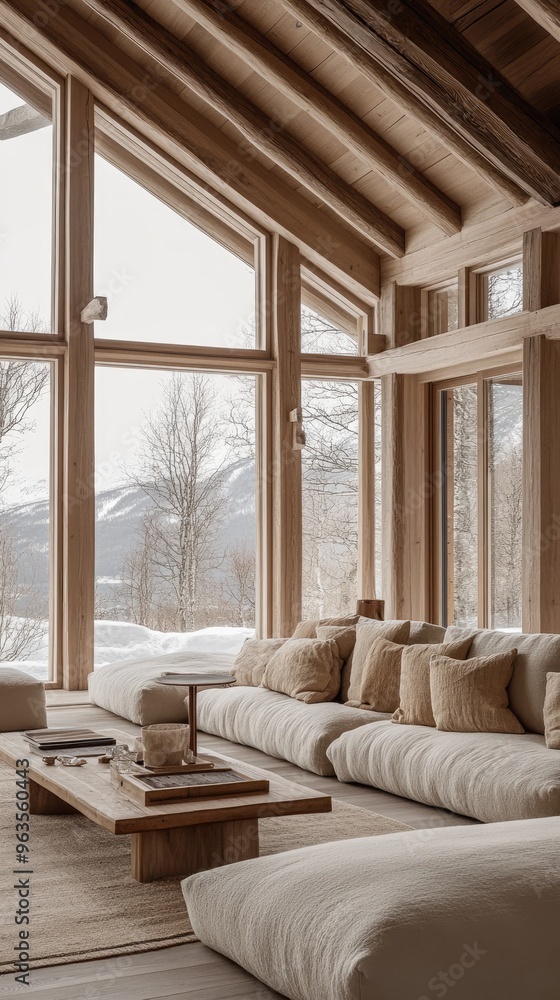Wabi-Sabi Living Room with Tall Windows in Winter Landscape, Norway Wabi-Sabi Living Room with Tall Windows in Winter Landscape, Norway