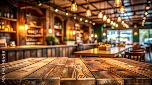 Empty wooden table in a cozy pub or restaurant with a blurred background