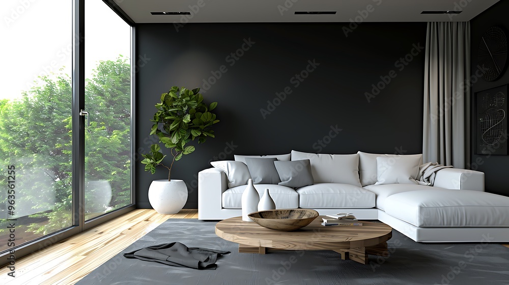 Fototapeta premium Contemporary living room adorned with a sophisticated black wall, white sofa, and wooden coffee table near a window.