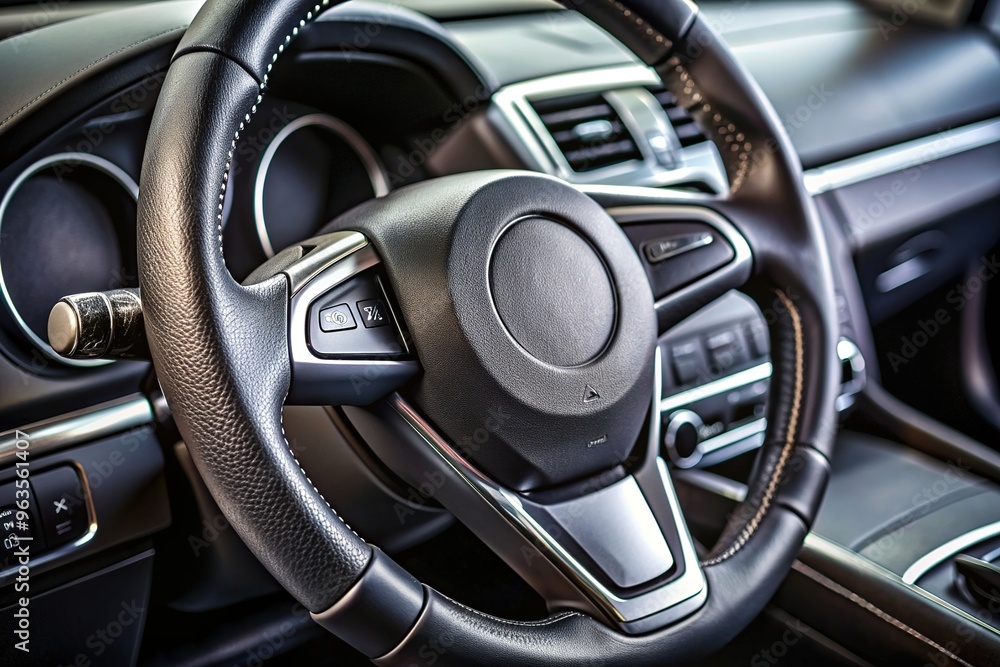 Closeup of a sleek black leather steering wheel with intricate stitching and silver accents, sleek, leather, driving, black, macro,car, dashboard, luxury, design, interior Closeup of a sleek black leather steering wheel with intricate stitching and silver accents, sleek, leather, driving, black, macro,car, dashboard, luxury, design, interior