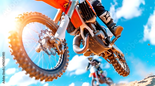 An exciting motocross race, with bikes mid-jump, soaring through the air above the dirt track. The roar of engines fills the air as riders navigate through tight turns and rough terrain at high  photo