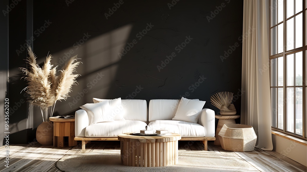 Contemporary living room adorned with a chic black wall, a white sofa, and a wooden coffee table beside a window with natural light. Contemporary living room adorned with a chic black wall, a white sofa, and a wooden coffee table beside a window with natural light.