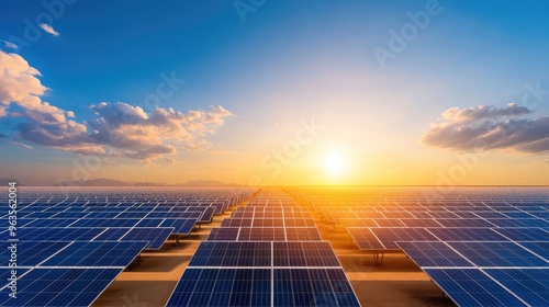 A vast solar farm with rows of solar panels against a dramatic sunset, symbolizing sustainable energy and innovation. photo