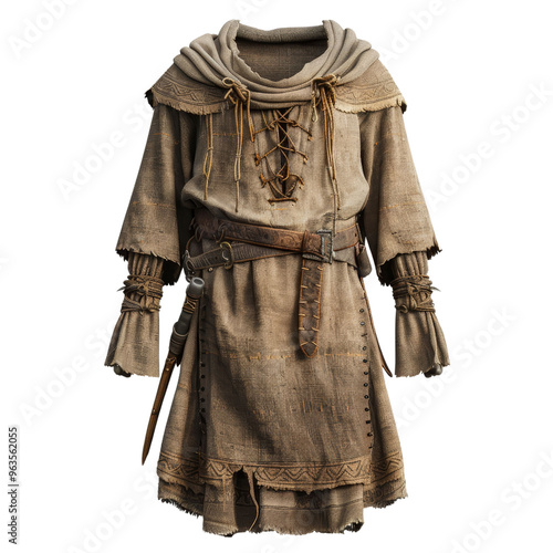 A detailed medieval tunic with a hood, isolated on white background, transparent background