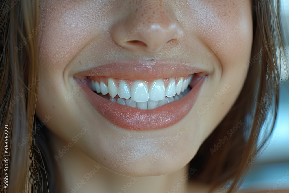 Fototapeta premium Close up macro photo of a model's mouth, she is smiling. Close up photo of her teeth and smiling, detailed lips .generative ai