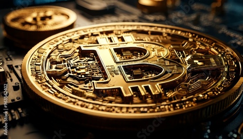 A close-up shot of a golden Bitcoin positioned on a detailed circuit board. The intricate design and shining metallic surface highlight the digital currency's prominence in the modern financial world