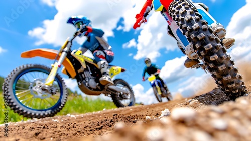 An exciting motocross race, with bikes mid-jump, soaring through the air above the dirt track. The roar of engines fills the air as riders navigate through tight turns and rough terrain at high  photo