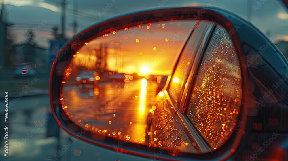 Sunset in the city, summer sunset on the highway cars. Close up from car side mirror Sunset in the city, summer sunset on the highway cars. Close up from car side mirror