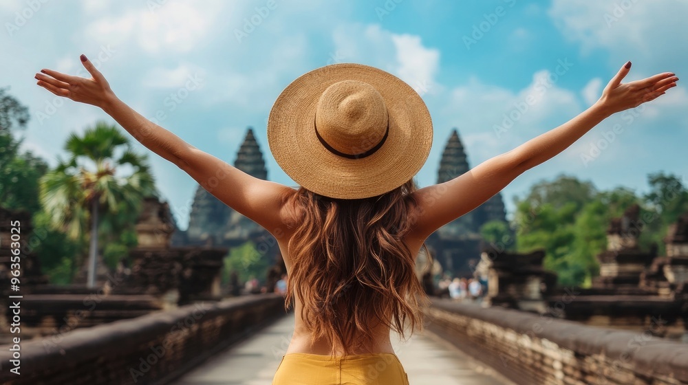 Fototapeta premium A woman in a yellow outfit and straw hat enjoys a sunny day at a historic temple, embracing the beauty of nature and culture.