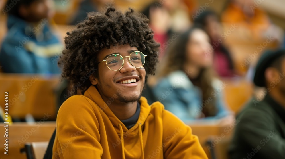 A young man with a beard and a smile is sitting in a classroom, generative ai image A young man with a beard and a smile is sitting in a classroom, generative ai image