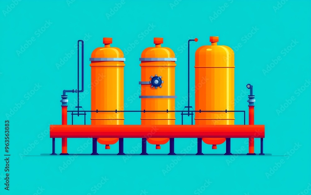 Three large industrial tanks on a platform, isolated on a teal background. Three large industrial tanks on a platform, isolated on a teal background.