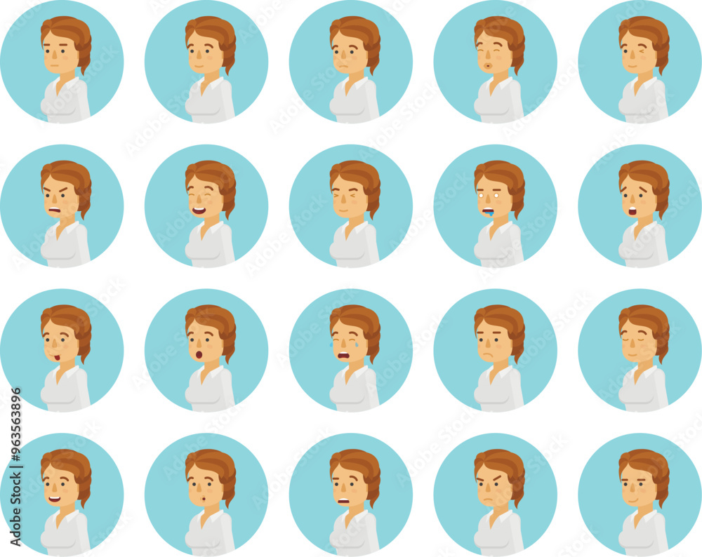 Vector young adult woman avatars and emoticons set in flat style, side view. Vector young adult woman avatars and emoticons set in flat style, side view.