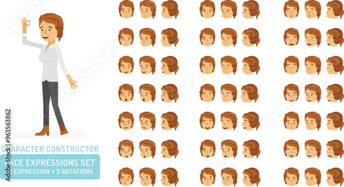 Vector young adult woman in casual clothing character face expressions set in flat style: front, half-side and side view.