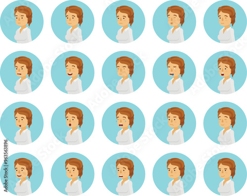 Vector young adult woman avatars and emoticons set in flat style, side view.