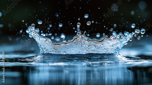 A water splash, with droplets suspended and swirling around it on a dark background