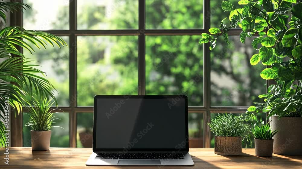 A quiet workspace with a laptop beside greenery and sunlight filtering through a window A quiet workspace with a laptop beside greenery and sunlight filtering through a window
