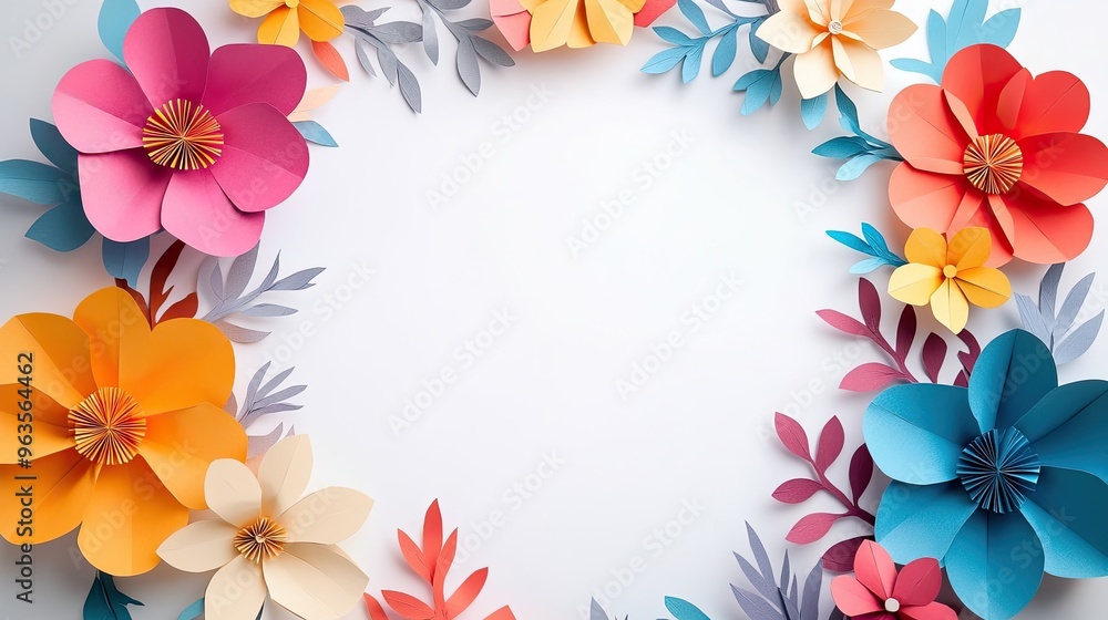 Beautiful arrangement of colorful paper flowers framing a blank space, perfect for decorative purposes and creative projects. Beautiful arrangement of colorful paper flowers framing a blank space, perfect for decorative purposes and creative projects.