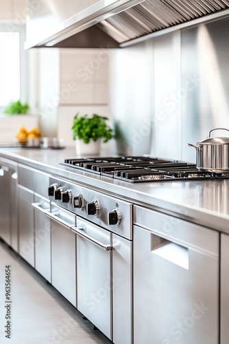 Stainless steel kitchen with oven, stovetop, and cabinets.