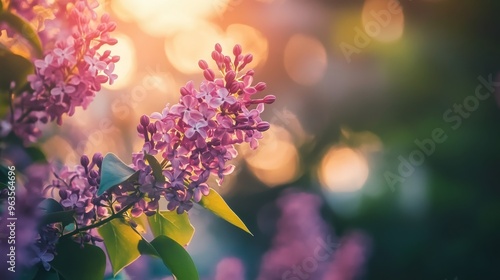 In a charming outdoor setting, a stunning lilac bush blossoms beautifully, embraced by soft, warm colors and an abundance of lush greenery, which perfectly emphasizes the enchanting beauty of nature