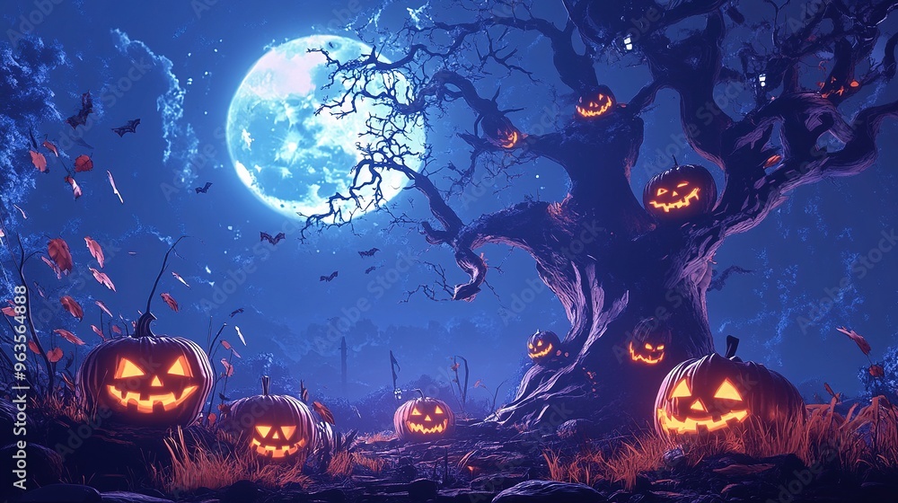 A Halloween background with a creepy tree, jack-o'-lanterns, and a full moon. A Halloween background with a creepy tree, jack-o'-lanterns, and a full moon.