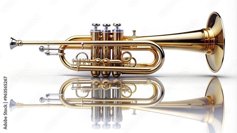 Fototapeta premium music, shiny, valve, reflection,trumpet, tone, sound, key, musician, brass, white background, instrument, symphony, classical, jazz, Trumpet classical instrument isolated on white Reflected