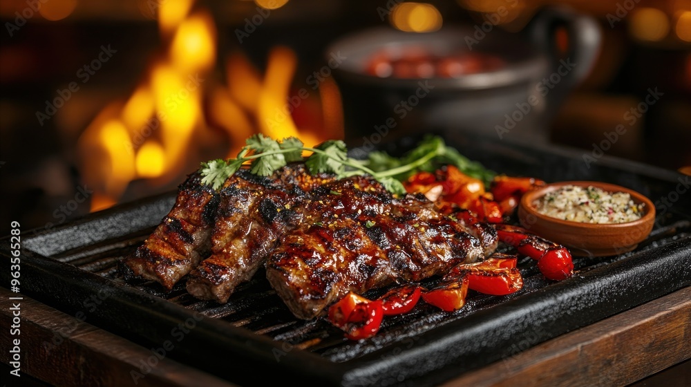 Grilled Meat with Red Peppers and Herbs on a Black Griddle Grilled Meat with Red Peppers and Herbs on a Black Griddle