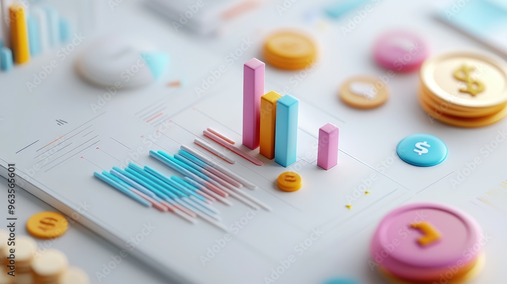 Colorful 3D bar and line charts on a white background, representing data analysis and financial growth. Colorful 3D bar and line charts on a white background, representing data analysis and financial growth.