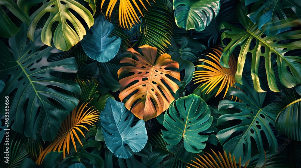 Lush tropical plants and graceful palm and monstera leaves background wallpaper colorful pattern