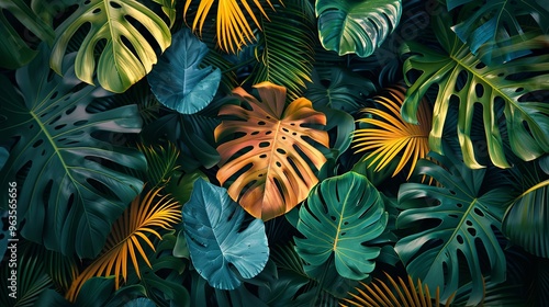 Lush tropical plants and graceful palm and monstera leaves background wallpaper colorful pattern