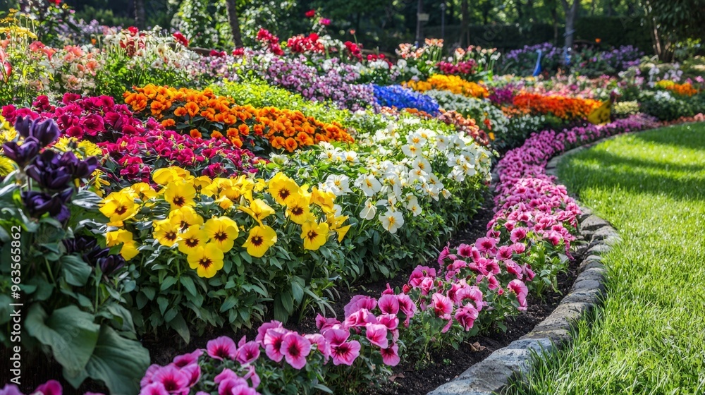 Scenic view of colourful flowers in bloom and winding grass lawn path in beautiful English style landscape garden on summer day Scenic view of colourful flowers in bloom and winding grass lawn path in beautiful English style landscape garden on summer day
