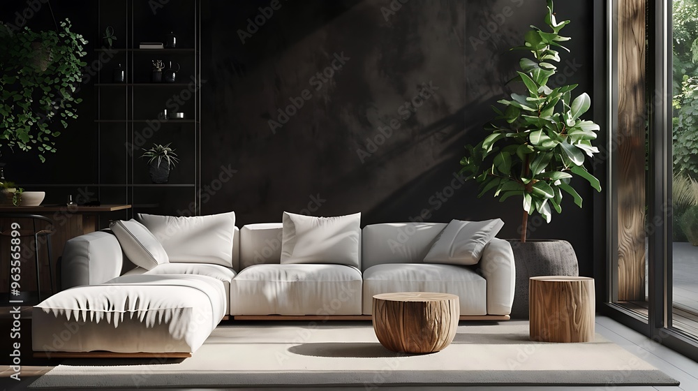 Contemporary living space designed with a chic black wall, a stylish white sofa, and a wooden coffee table near a window. Contemporary living space designed with a chic black wall, a stylish white sofa, and a wooden coffee table near a window.